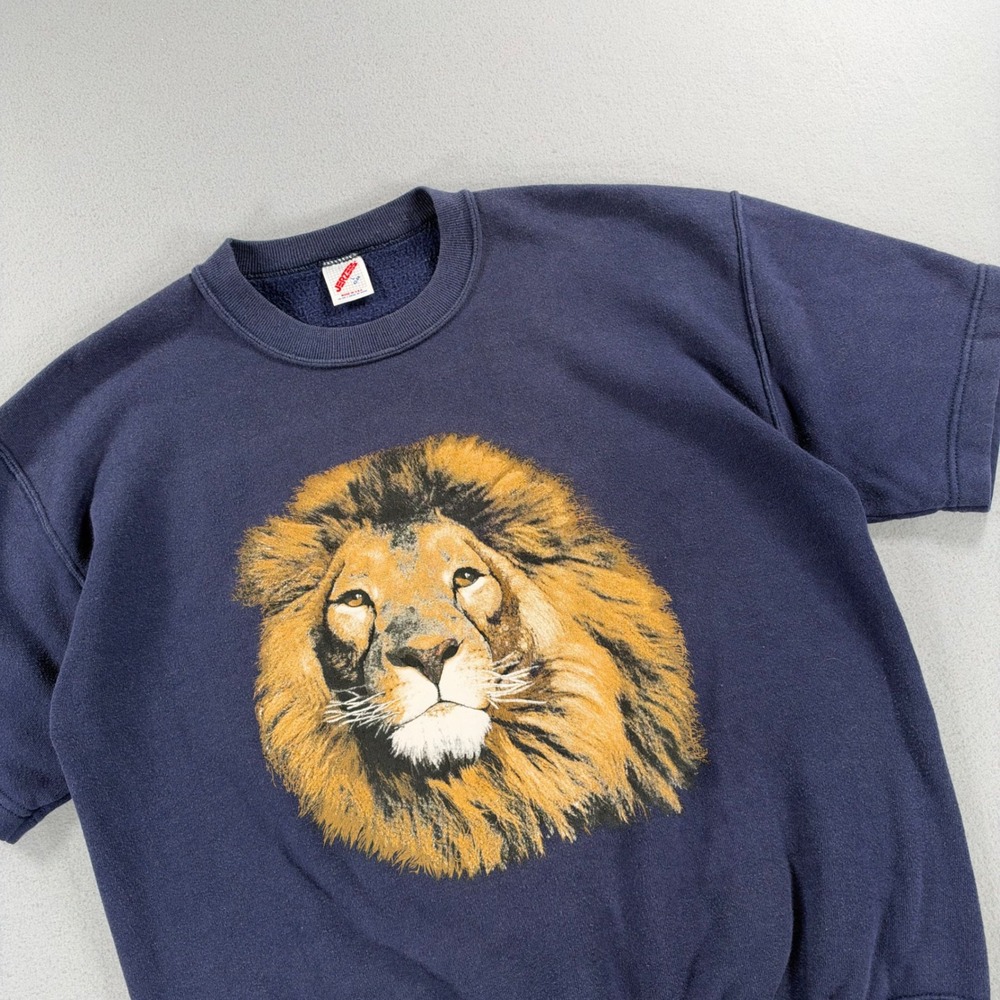 Jerzees Vintage Short Sleeve Sweatshirt Lion Graphic L Navy Blue Made in USA